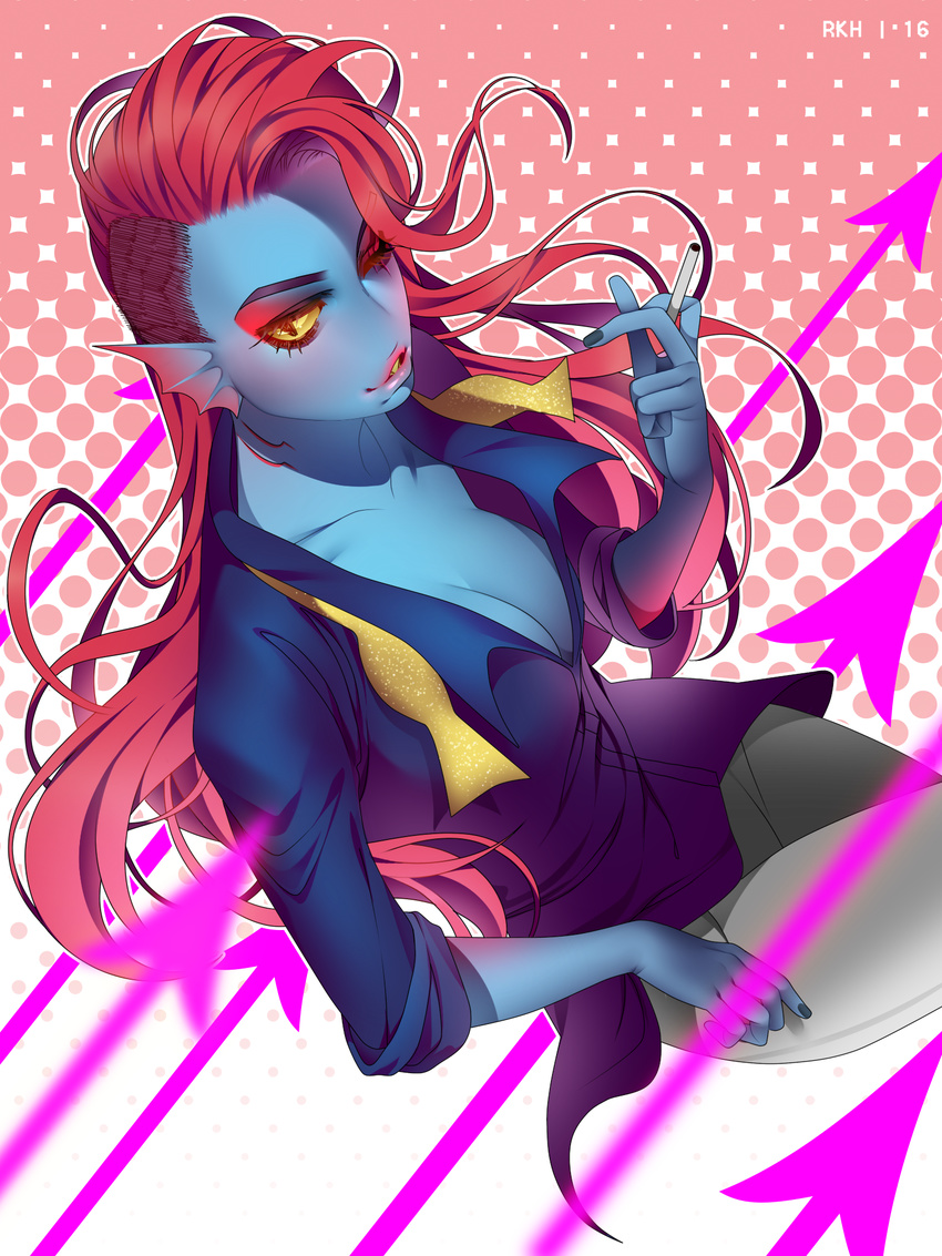 2016 3:4 abstract_background animal_humanoid blue_body blue_skin bow_tie breasts cigarette cleavage clothed clothing female fish fish_humanoid gills hair hi_res humanoid long_hair marine marine_humanoid non-mammal_breasts red_hair reka shirt siqlyprince solo topwear undertale undertale_(series) undyne untied_bow_tie yellow_eyes