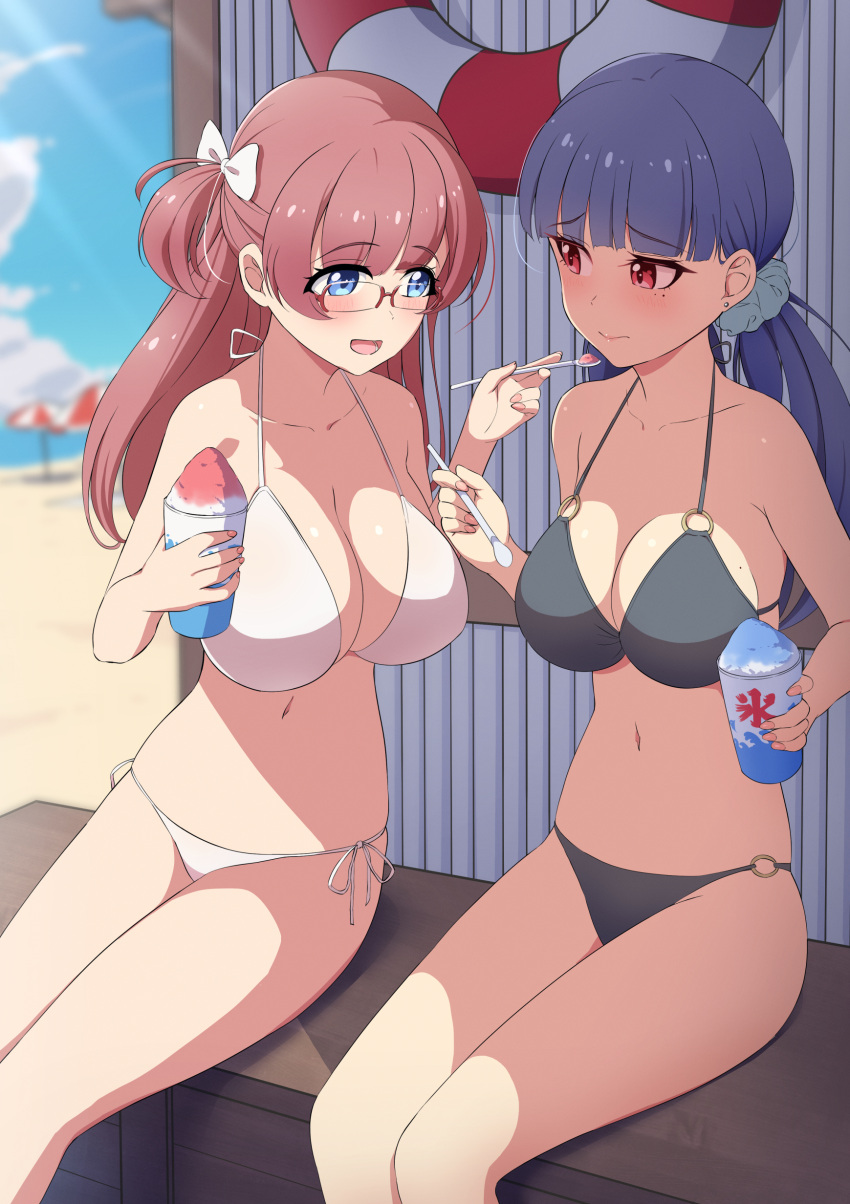 2girls absurdres bare_arms beach beach_umbrella bench bikini black_bikini blue_hair blue_sky blurry blurry_background blush breasts brown_hair cleavage closed_mouth cloud collarbone commentary_request cup day embarrassed feeding food glasses hair_ribbon highres holding holding_cup holding_spoon large_breasts looking_at_another multiple_girls o-ring ocean open_mouth original ribbon sakamata_(sakamata4) shaved_ice side-tie_bikini_bottom sitting sky smile spoon swim_ring swimsuit thighs umbrella white_bikini yuri