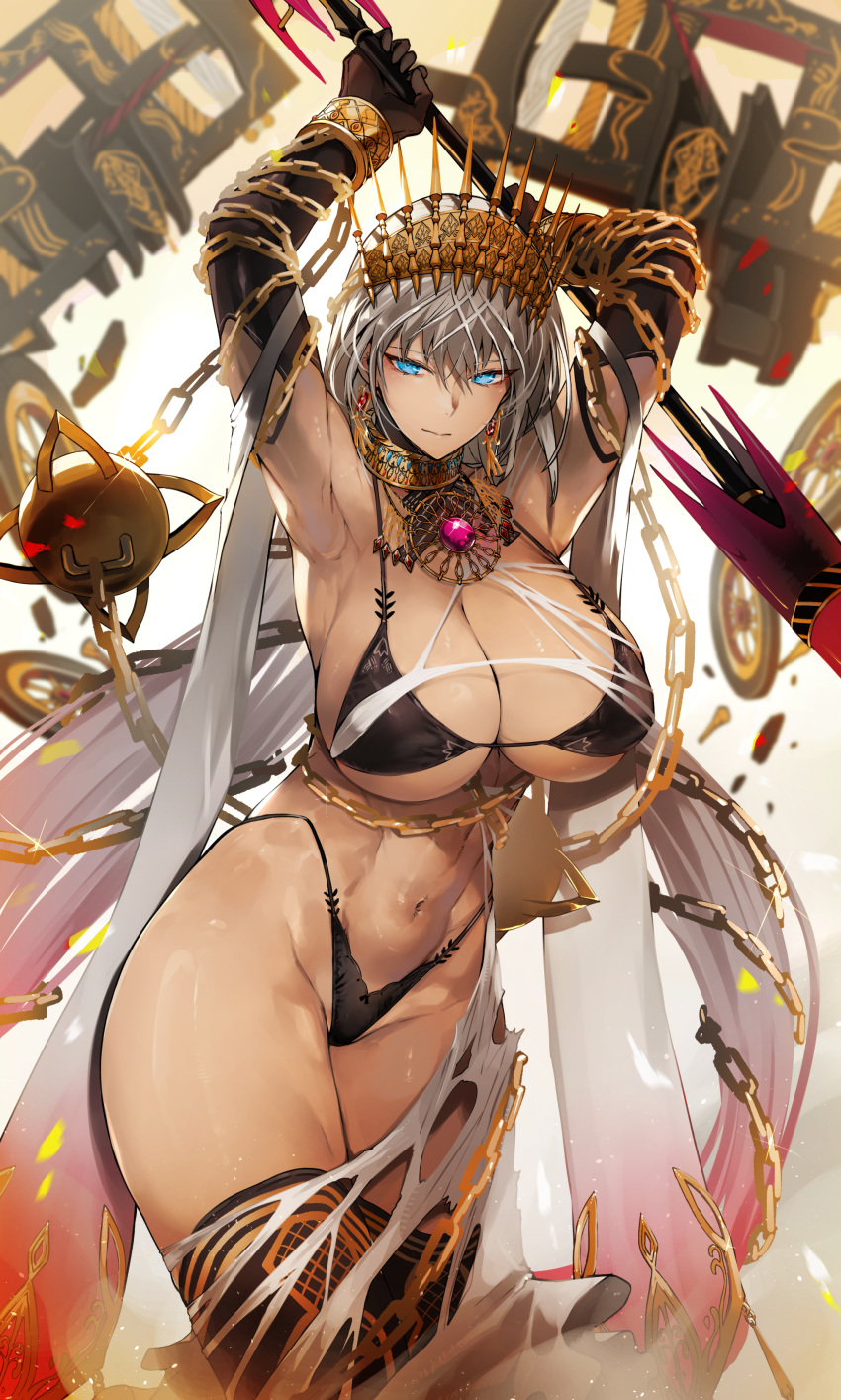 abs absurdres armpits arms_up ballista bare_shoulders bikini black_bikini black_gloves black_thighhighs blue_eyes breasts chains cleavage collar crown cuffs curvy dark-skinned_female dark_skin earrings elbow_gloves fate/grand_order fate_(series) female gloves gold_chain grey_hair highleg highleg_bikini highleg_panties highres huge_breasts jewelry long_hair looking_at_viewer multicolored_hair navel neck_ring nishiide_kengorou panties pink_hair polearm shackles sideboob solo spear stomach swimsuit tan thick_thighs thighhighs thighs underboob underwear very_long_hair weapon zenobia_(fate)