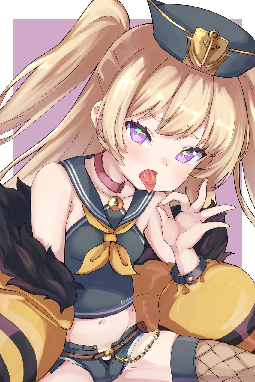 +_+ absurdres anchor_hat_ornament azur_lane bache_(azur_lane) bare_shoulders black_panties black_shirt black_shorts blonde_hair blush breasts clothes_pull cropped_shirt female fur-trimmed_jacket fur_trim groin hair_between_eyes hand_up hat hat_ornament highres jacket jacket_pull leaning_forward long_hair micro_shorts midriff navel neckerchief ok_sign open_clothes open_jacket open_shorts panties panty_peek purple_eyes school_uniform serafuku shirt shorts single_fishnet_legwear skindentation sleeveless sleeveless_shirt small_breasts solo spread_legs sushi_no_ikari thighs tongue tongue_out torn_clothes torn_shorts unbuttoned underwear very_long_hair yellow_jacket yellow_neckerchief