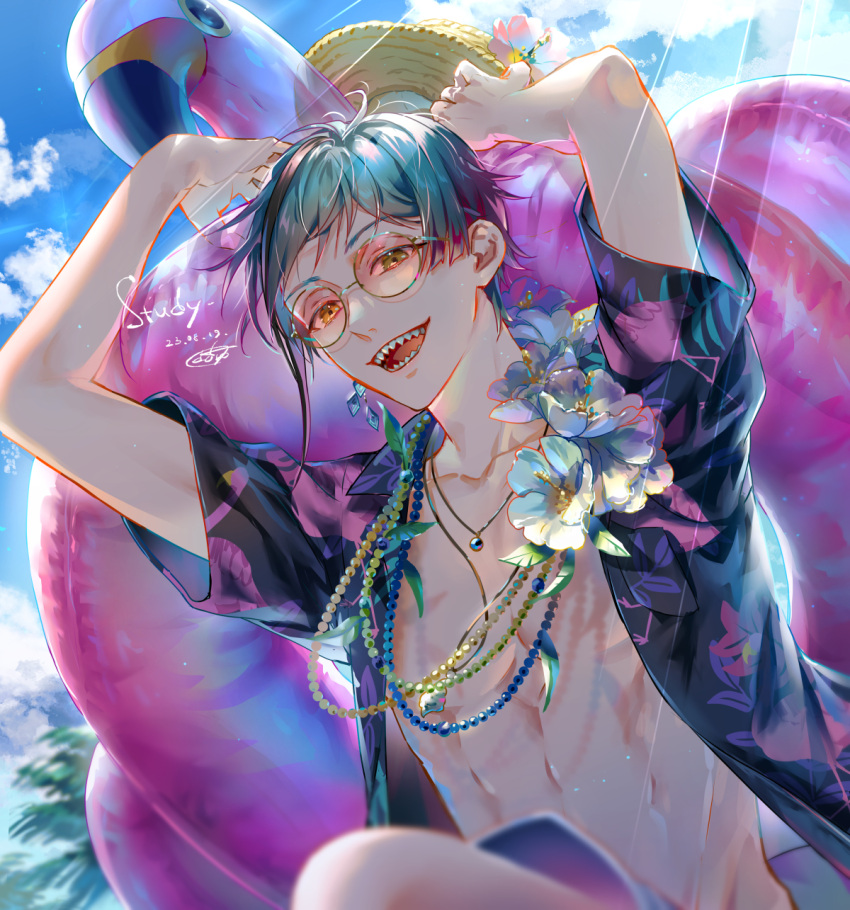 1boy blue_hair blue_sky doro_(sabarudoro) flower floyd_leech green_eyes hat hawaiian_shirt heterochromia highres inflatable_flamingo innertube jewelry looking_at_viewer male_focus necklace open_clothes open_shirt outdoors sharp_teeth shirt short_hair shorts sky sunglasses swim_ring teeth twisted_wonderland upper_body yellow_eyes