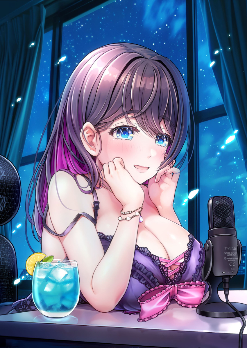 absurdres babydoll blue_eyes blush bracelet breast_rest breasts chair cleavage commentary_request curtains desk drink female food fruit glass hair_between_eyes highres ice_cream jewelry large_breasts lemon lemon_slice long_hair microphone night oomune_tayuyu purple_babydoll purple_hair sidelocks sitting solo star_(sky) strap_slip tama_project v-mag window