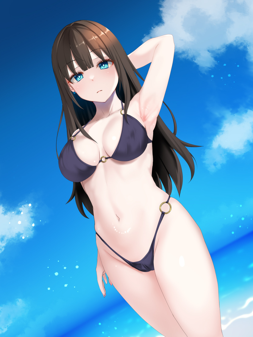 arm_behind_head bikini blue_eyes blue_sky breasts closed_mouth cloud day female highres idolmaster idolmaster_cinderella_girls long_hair looking_at_viewer medium_breasts o-ring o-ring_bikini o-ring_bottom o-ring_top ocean okuri_banto outdoors shibuya_rin sky solo standing swimsuit