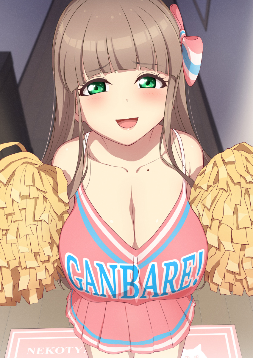 :d absurdres blunt_bangs blush breasts brown_hair cheerleader cleavage collarbone female green_eyes hair_ribbon hallway highres large_breasts long_hair looking_at_viewer mole open_mouth original pink_shirt pink_skirt pleated_skirt pom_pom_(cheerleading) ribbon sakamata_(sakamata4) shirt sidelocks skirt smile solo standing