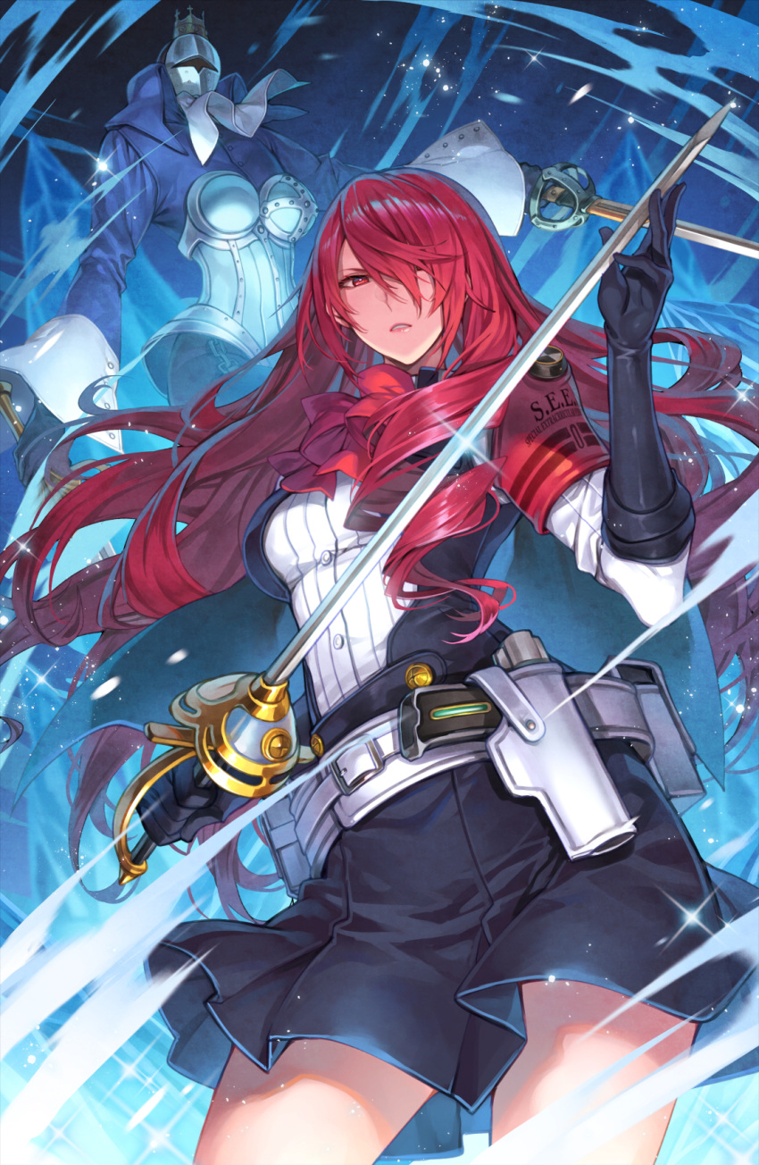 armband belt belt_buckle black_gloves black_jacket black_skirt bow bowtie breasts buckle commentary_request cowboy_shot drill_hair drill_sidelocks evoker female glint gloves hagure_keg hair_over_one_eye highres holding holding_sword holding_weapon jacket kirijou_mitsuru long_hair looking_at_viewer medium_breasts parted_lips penthesilea persona persona_(summon) persona_3 persona_3_reload rapier red_armband red_bow red_bowtie red_eyes red_hair s.e.e.s shirt sidelocks single_sidelock skirt sword weapon white_shirt