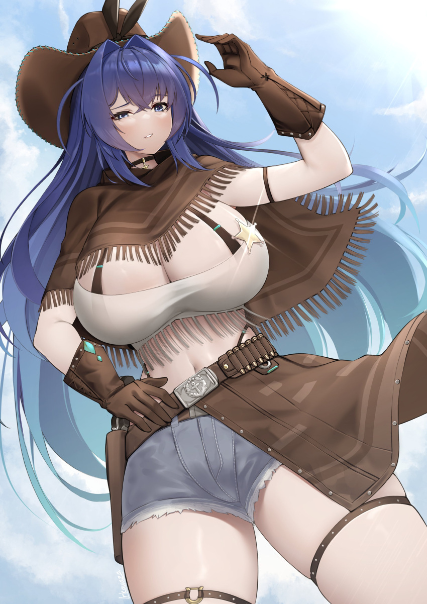 absurdres alternate_costume arm_strap azur_lane belt belt_buckle blue_eyes blue_hair breasts brown_gloves brown_poncho buckle choker cleavage cloud cloudy_sky cowboy_hat cowboy_western denim denim_shorts eyebrows_hidden_by_hair gloves gun hair_between_eyes hat highres holster holstered irkawaza large_breasts long_hair looking_at_viewer midriff navel new_jersey_(azur_lane) poncho revolver sheriff_badge shorts sidelocks sky star_(symbol) stomach thigh_holster thigh_strap weapon