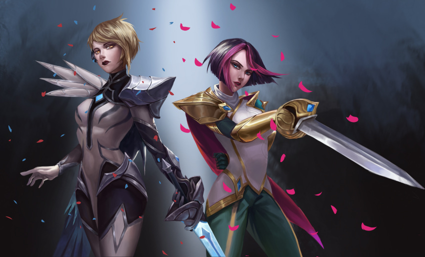 2girls absurdres arm_behind_back armor black_background black_bodysuit black_gloves black_hair black_legwear black_lips blonde_hair bodysuit breasts cape chinese_commentary closed_mouth clothing_request commentary_request confetti cowboy_shot dual_persona esports_cosmetic fiora_(league_of_legends) gloves gradient_background green_background green_eyes green_pants half-closed_eyes hand_up highres holding holding_sword holding_weapon ig_fiora lan_xiezi league_of_legends looking_at_viewer multicolored_hair multiple_girls official_alternate_costume pants parted_lips partial_commentary petals pink_cape pink_hair rapier shiny_clothes shirt short_hair shoulder_armor sword weapon white_shirt