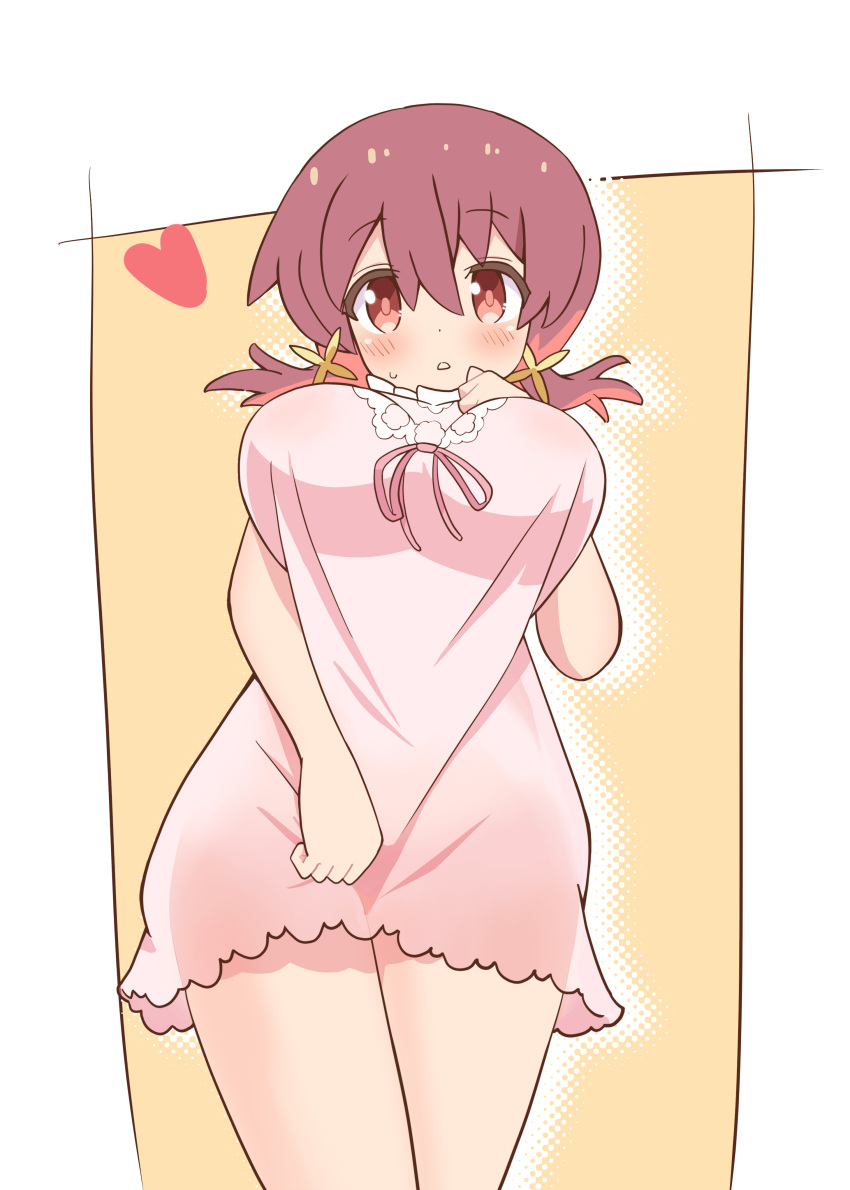 absurdres bad_id bad_pixiv_id bare_arms bare_legs breasts commentary dot_nose female hair_between_eyes heart highres large_breasts light_blush looking_at_viewer low_twintails multicolored_hair murosaki_miyo negligee onii-chan_wa_oshimai! pink_negligee pon_sugar red_eyes red_hair simple_background solo twintails two-tone_hair