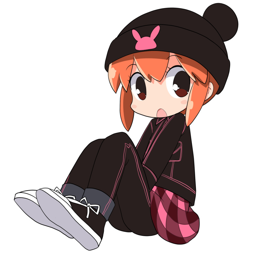 :o beanie black_footwear black_hat black_jacket black_pants blush_stickers brown_eyes chibi commentary_request female full_body gotcha_force hair_between_eyes hat jacket knees_up kurokawa_usagi looking_at_viewer open_mouth orange_hair osaragi_mitama pants pants_under_skirt plaid plaid_skirt red_skirt shoe_soles shoes simple_background sitting skirt solo track_pants white_background