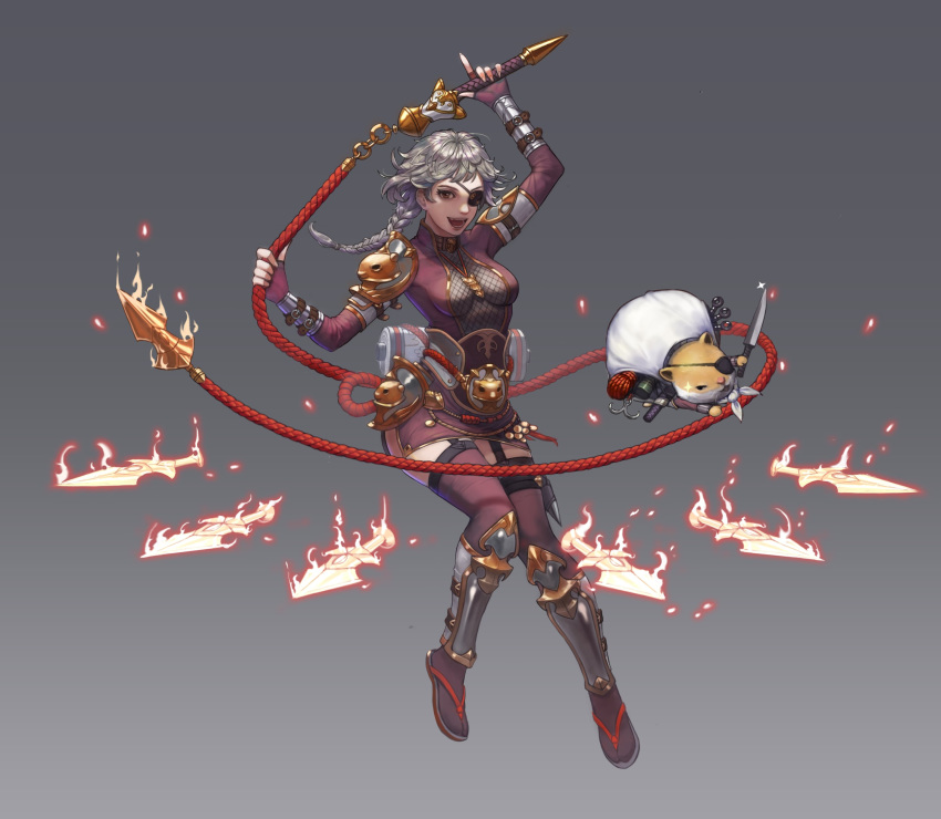 absurdres animal armor bad_id bad_twitter_id black_eyes braid brown_eyes commentary_request deepmaru eyepatch female fire fishnets gradient_background grappling_hook grey_hair highres holding holding_knife holding_weapon holding_whip jewelry knife korean_commentary kunai long_hair necklace ninja oerba_yun_fang open_mouth original scroll sheath sheathed skirt sparkle tabi teeth tongue weapon whip