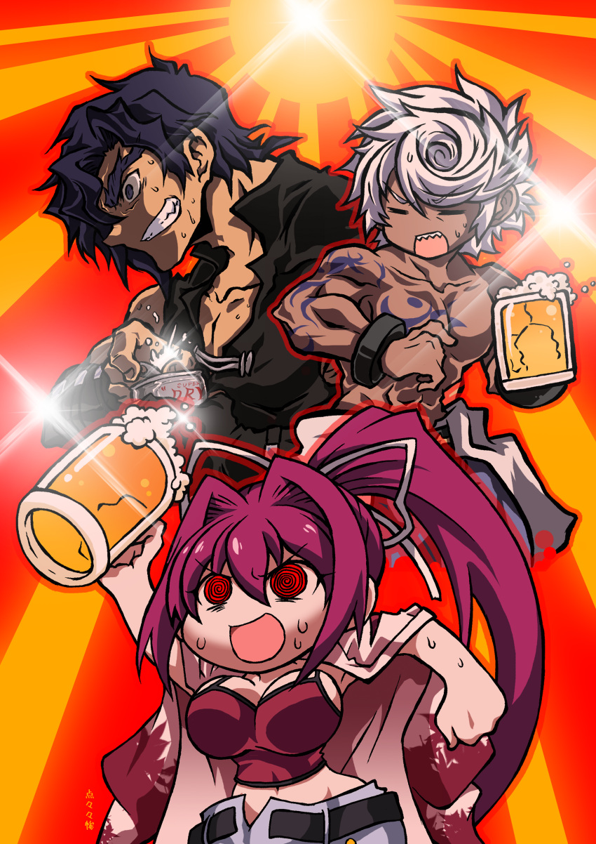 2boys absurdres alcohol black_hair breasts closed_eyes crop_top cuffs dark-skinned_male dark_skin enkidu_(under_night_in-birth) female hair_intakes hair_over_one_eye hair_ribbon highres jacket jacket_on_shoulders kishima_kouma large_breasts long_hair melty_blood midriff multiple_boys muscular muscular_male navel open_fly pants ponytail purple_hair red_eyes ribbon shackles short_hair tattoo tententensan tsukihime under_night_in-birth very_long_hair white_hair yuzuriha_(under_night_in-birth)