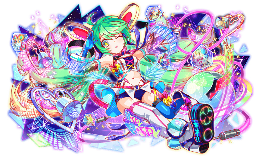 1boy 3girls absurdly_long_hair ahoge alternate_costume aqua_bow aqua_eyes aqua_skirt aqua_wings artist_request bare_shoulders bell belt blue_gloves blue_shorts blue_thighhighs bow bow_legwear breasts cable cel_shading character_name crash_fever crop_top cross-laced_clothes cross-laced_legwear cross-laced_shorts cross-laced_top detached_sleeves english_text eyelashes floral_print_shoe_soles full_body game_cg gloves glowing_shoe_soles green_hair happy_(crash_fever) in_cube jerry_(crash_fever) lanyard long_hair low_wings medium_breasts melissa_(crash_fever) midriff morris_(crash_fever) mouse_(animal) multiple_girls nimda_(crash_fever) official_alternate_costume official_art one_eye_closed open_mouth outline pink_bow pink_stripes pink_trim pixelated purple_bow rainbow_gradient red_belt red_outline salute saturated see-through see-through_bow see-through_sleeves see-through_wings shoe_soles short_shorts shorts skirt solo star_(symbol) striped_clothes striped_thighhighs suspender_shorts suspenders tachi-e thighhighs transparent_background two-sided_fabric two-sided_skirt two-tone_gloves two-tone_thighhighs vertical-striped_clothes vertical-striped_thighhighs very_long_hair white_footwear white_gloves white_skirt white_thighhighs wings yellow_bow