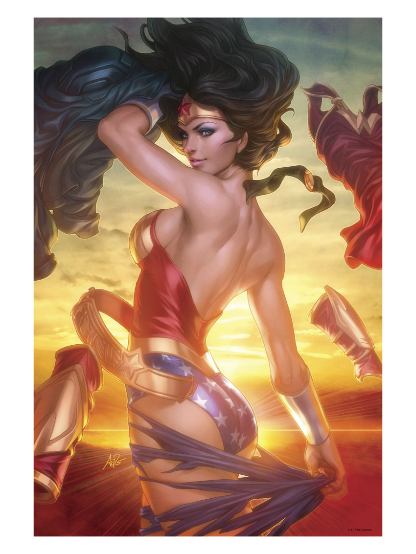 absurdres ass bare_shoulders black_hair blue_eyes breasts dc_comics female floating_hair from_behind highres large_breasts leotard long_hair looking_at_viewer official_art parted_lips signature solo stanley_lau star_(symbol) strapless strapless_leotard superhero_costume tearing_clothes tiara torn_clothes wonder_woman wonder_woman_(series)