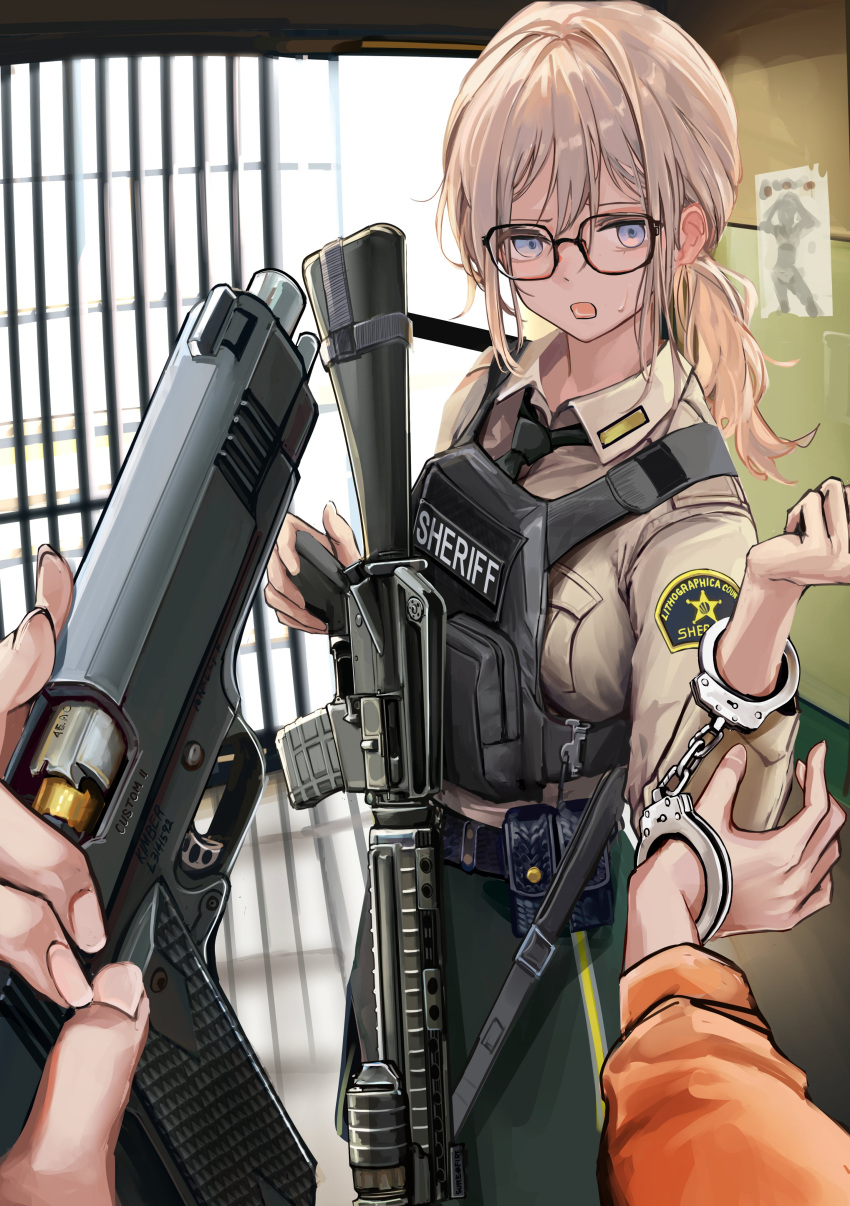 1other absurdres ammunition_pouch artist_name assault_rifle barrel bespectacled black-framed_eyewear black_necktie blonde_hair blue_eyes bulletproof_vest cartridge cocking_gun collared_shirt commentary_request female flashlight glasses gun gun_sling handgun highres iron_bars kimber_custom_tle/rl_ii lithographica looking_at_viewer m16 m16a1 m1911 necktie open_mouth original patch police police_uniform ponytail pouch pov pov_hands prison_break prison_cell prison_clothes rifle shared_handcuffs sheriff shirt shoulder_patch uniform weapon