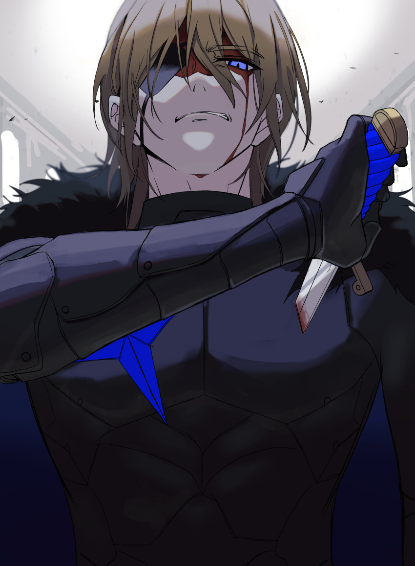 1boy absurdres arm_out_of_frame arm_up armor black_armor black_fur blonde_hair blood blood_on_face blood_on_weapon blue_cape blue_eyes breastplate cape clenched_teeth commentary dagger dimitri_alexandre_blaiddyd dripping_blood eyepatch fire_emblem fire_emblem:_three_houses fur-trimmed_cape fur_trim gauntlets hair_between_eyes highres holding holding_dagger holding_knife holding_weapon impaled injury knife looking_at_viewer male_focus niniko one_eye_covered solo teeth upper_body weapon white_background