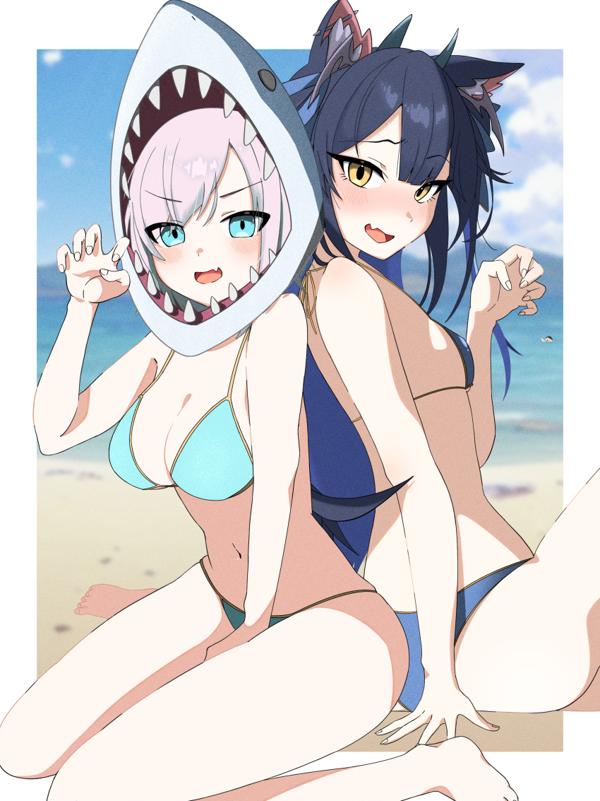 1boy 2girls absurdres animal_ear_piercing animal_ears aqua_bikini ars_almal back-to-back barbell_piercing barefoot beach bikini black_hair blue_bikini blue_eyes blue_sky border breasts cat_ears claw_pose demon_horns head_wings highres horns indie_virtual_youtuber long_hair looking_at_viewer medium_breasts micro_bikini multiple_girls navel nijisanji ocean oerba_yun_fang outside_border piercing shark_head short_hair sitting skin_fang sky small_breasts swimsuit uri_chanchan very_long_hair virtual_youtuber white_border white_hair wings yellow_eyes yoru_yoichi