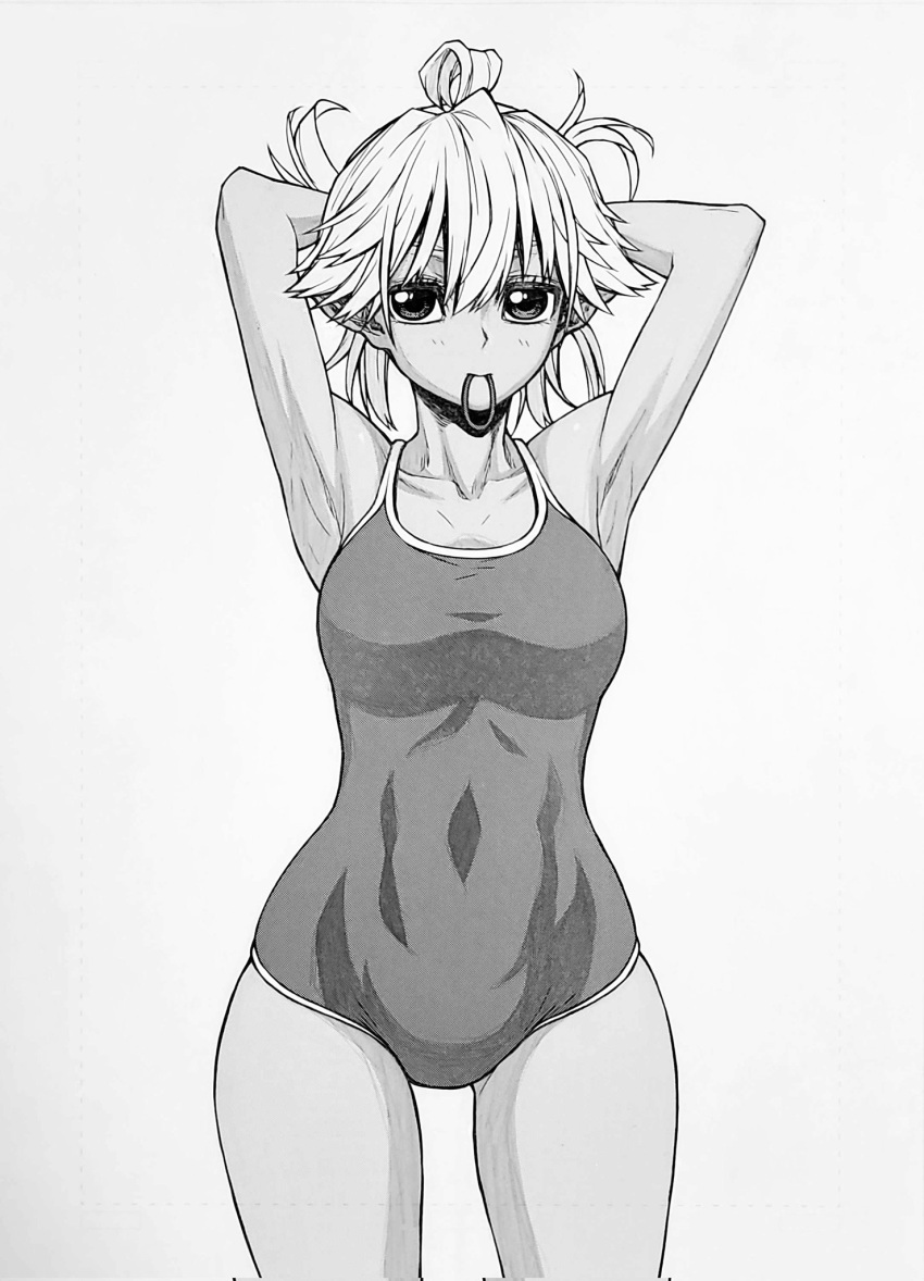 adjusting_hair armpits arms_behind_head breasts elf eyebrows_hidden_by_hair feet_out_of_frame female full_body greyscale hair_between_eyes hair_tie_in_mouth highres large_breasts light_blush looking_at_viewer monochrome mouth_hold ogino_ken one-piece_swimsuit pointy_ears reanette_elfelt shinmai_ossan_bokensha short_hair simple_background solo swimsuit white_background