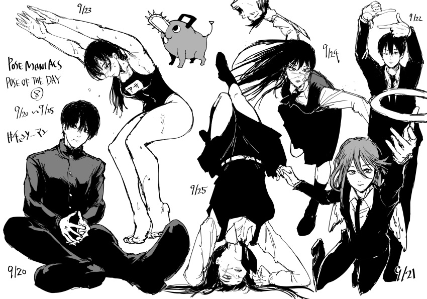 2girls 3boys androgynous angel_devil_(chainsaw_man) angel_wings breasts chainsaw_man commentary_request cross_scar dated fan_no_hitori finger_frame fourth_east_high_school_uniform gakuran greyscale halo hayakawa_aki headstand highres long_hair medium_breasts mitaka_asa mole mole_under_mouth monochrome multiple_boys multiple_girls multiple_moles necktie one_eye_closed pochita_(chainsaw_man) scar scar_on_cheek scar_on_face scar_on_nose school_swimsuit school_uniform steepled_fingers suit swimsuit wet wings yoru_(chainsaw_man) yoshida_hirofumi