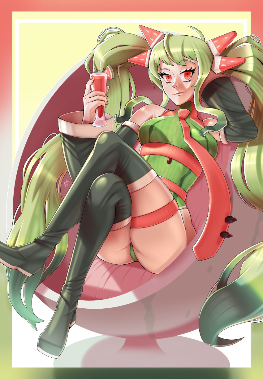 absurdres black_sleeves chair crossed_legs cup detached_sleeves draw_this_in_your_style_challenge female food-themed_hair_ornament full_body green_hair green_leotard hair_ornament hatsune_miku highleg highleg_leotard highres holding holding_cup leotard long_hair looking_at_viewer necktie nrg_98 print_leotard red_eyes red_necktie shadow smile solo twintails very_long_hair vocaloid watermelon_hair_ornament watermelon_miku_(kaatokun) wide_sleeves