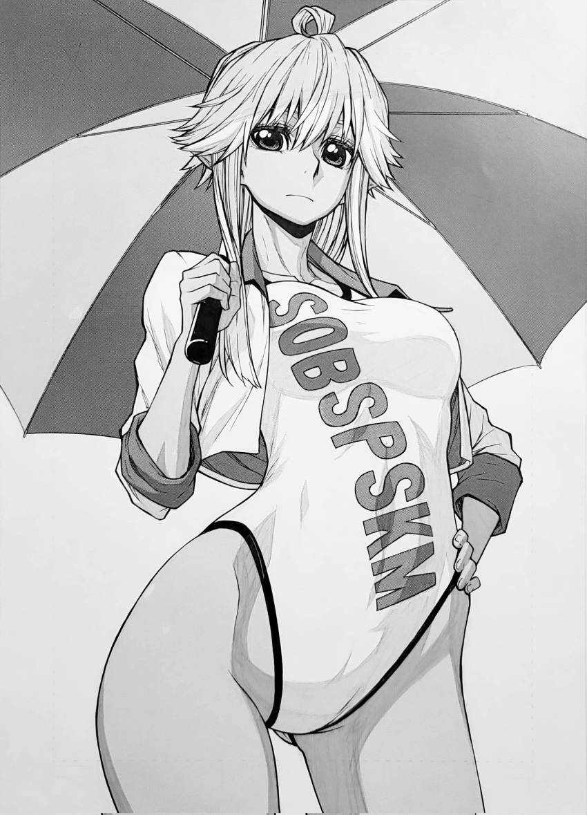 ass_visible_through_thighs breasts closed_mouth eyebrows_hidden_by_hair female greyscale groin hair_between_eyes hand_on_own_hip highres holding holding_umbrella jacket large_breasts long_hair looking_at_viewer looking_down monochrome ogino_ken one-piece_swimsuit pointy_ears reanette_elfelt shinmai_ossan_bokensha simple_background solo swimsuit umbrella underboob white_background