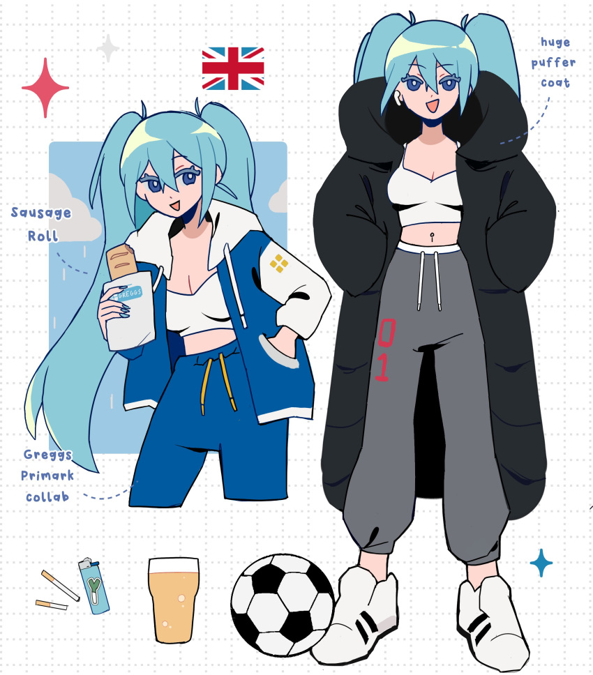 :d absurdres alcohol aqua_hair ball beer blue_eyes blue_jacket blue_nails blue_pants blue_sky breasts bright_pupils cigarette cleavage clothes_writing cloud commentary crop_top cropped_legs cup down_jacket drawstring drinking_glass eating england english_commentary english_text eyelashes female flag food food_bite full_body grey_pants grid_background hair_between_eyes hand_in_pocket hands_in_pockets hatsune_miku highres holding holding_food hood hood_down jacket lighter long_hair looking_at_viewer medium_breasts midriff milkoe multiple_views nail_polish navel navel_piercing no_socks open_clothes open_jacket open_mouth pants piercing shoes sidelocks sky smile smirk sneakers soccer_ball solo solo_focus sparkle spring_onion sweatpants tank_top twintails union_jack very_long_hair vocaloid white_background white_footwear white_pupils white_tank_top