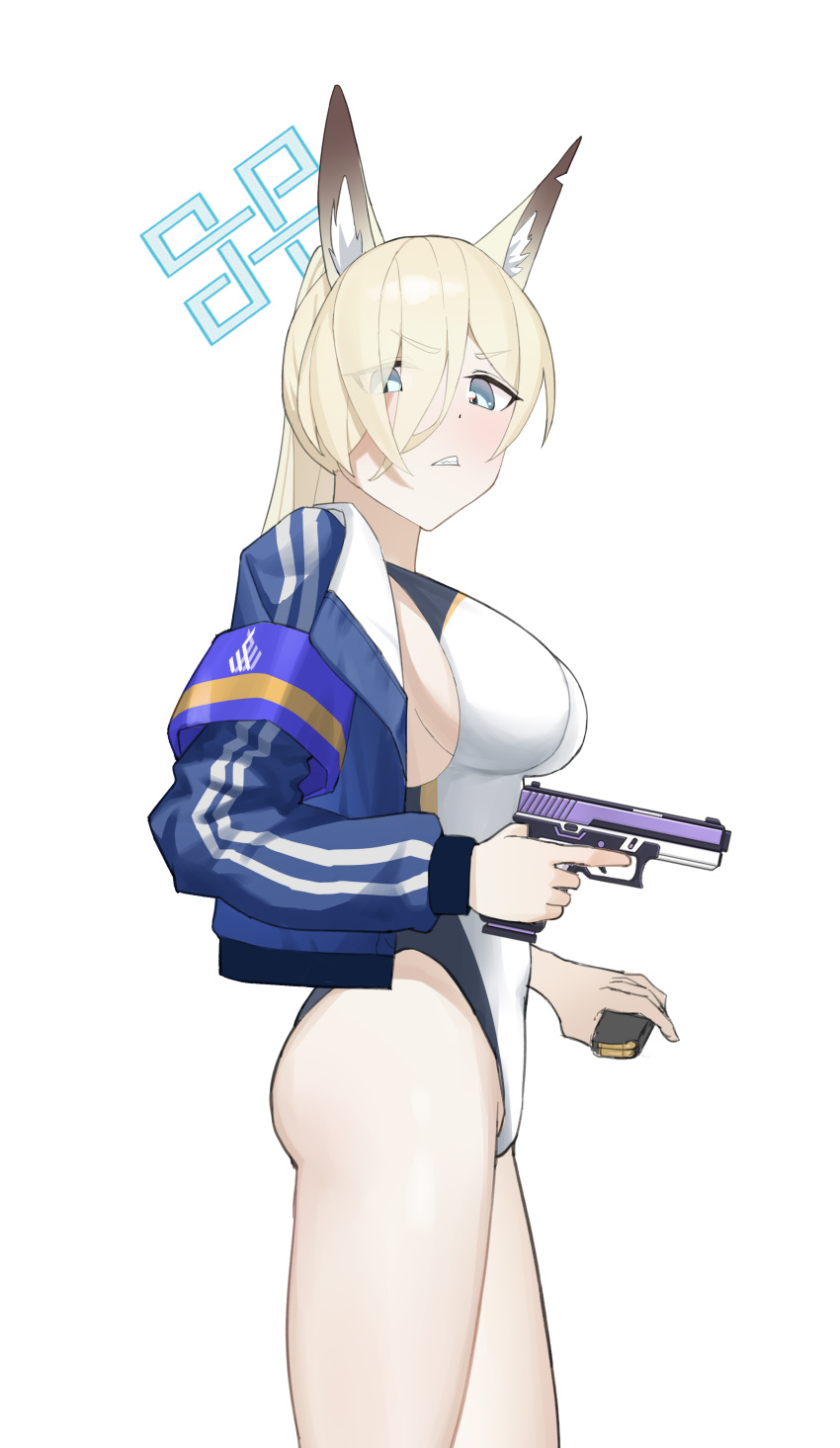 absurdres alternate_costume animal_ear_fluff animal_ears armband blonde_hair blue_archive blue_eyes blue_halo blue_jacket blush breasts competition_swimsuit dog_ears embarrassed frown furrowed_brow glock grimace groin gun hair_over_one_eye halo handgun high_ponytail highleg highleg_one-piece_swimsuit highres holding holding_gun holding_magazine_(weapon) holding_weapon jacket kanna_(blue_archive) kanna_(swimsuit)_(blue_archive) large_breasts leotard li_yu_liyu looking_at_viewer looking_down magazine_(weapon) official_alternate_costume one-piece_swimsuit open_clothes open_jacket ponytail sharp_teeth sideboob striped_clothes striped_jacket swimsuit teeth thighs trigger_discipline vertical-striped_clothes vertical-striped_jacket weapon white_background