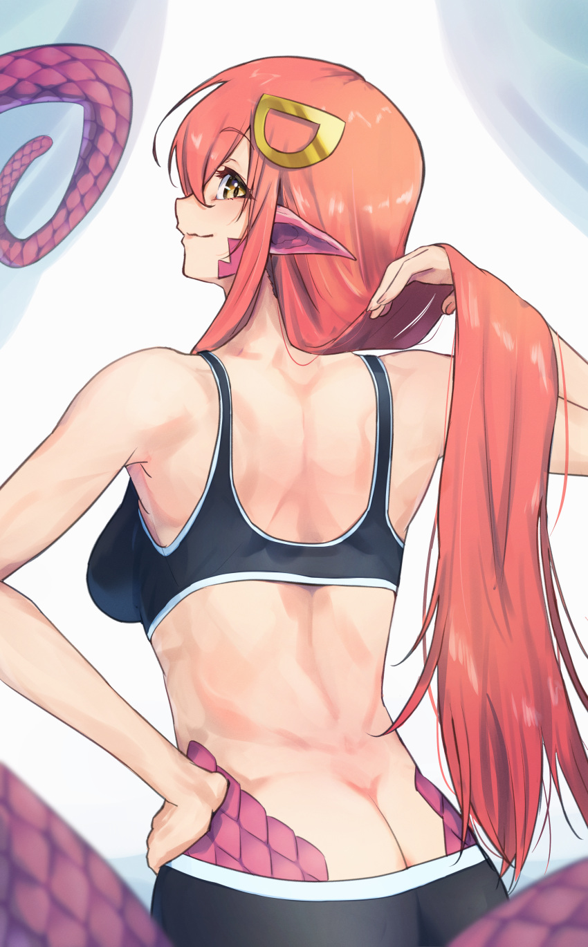 absurdres ass bare_shoulders butt_crack commission commissioner_upload female fingernails from_behind hair_between_eyes hair_lift hair_ornament hand_on_own_hip harakomeshi highres lamia light_smile long_hair looking_at_viewer miia_(monster_musume) monster_girl monster_musume_no_iru_nichijou non-web_source pointy_ears red_hair scales skeb_commission slit_pupils solo sports_bra sportswear straight_hair very_long_hair yellow_eyes