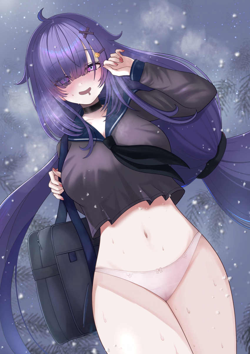 alternate_costume azur_lane bag black_choker black_serafuku breasts choker commission drooling dutch_angle eyes_visible_through_hair female hair_ornament highres large_breasts long_hair long_sleeves looking_at_viewer mogador_(azur_lane) panties pixiv_commission purple_eyes purple_hair riku_amano1018 school_bag school_uniform serafuku snowing solo underwear very_long_hair white_panties winter x_hair_ornament