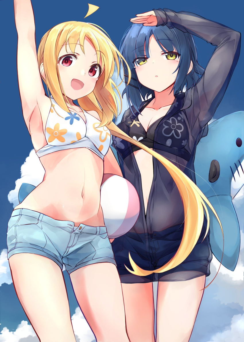 2girls ahoge arm_up ball beachball bikini black_bikini black_jacket blonde_hair blue_hair blue_shorts blue_sky bocchi_the_rock! breasts cloud denim denim_shorts feet_out_of_frame floral_print halterneck highres ijichi_nijika inflatable_shark inflatable_toy jacket long_hair medium_breasts minosu multiple_girls red_eyes revision see-through see-through_jacket short_hair shorts side_ponytail sky smile swimsuit white_bikini yamada_ryo yellow_eyes