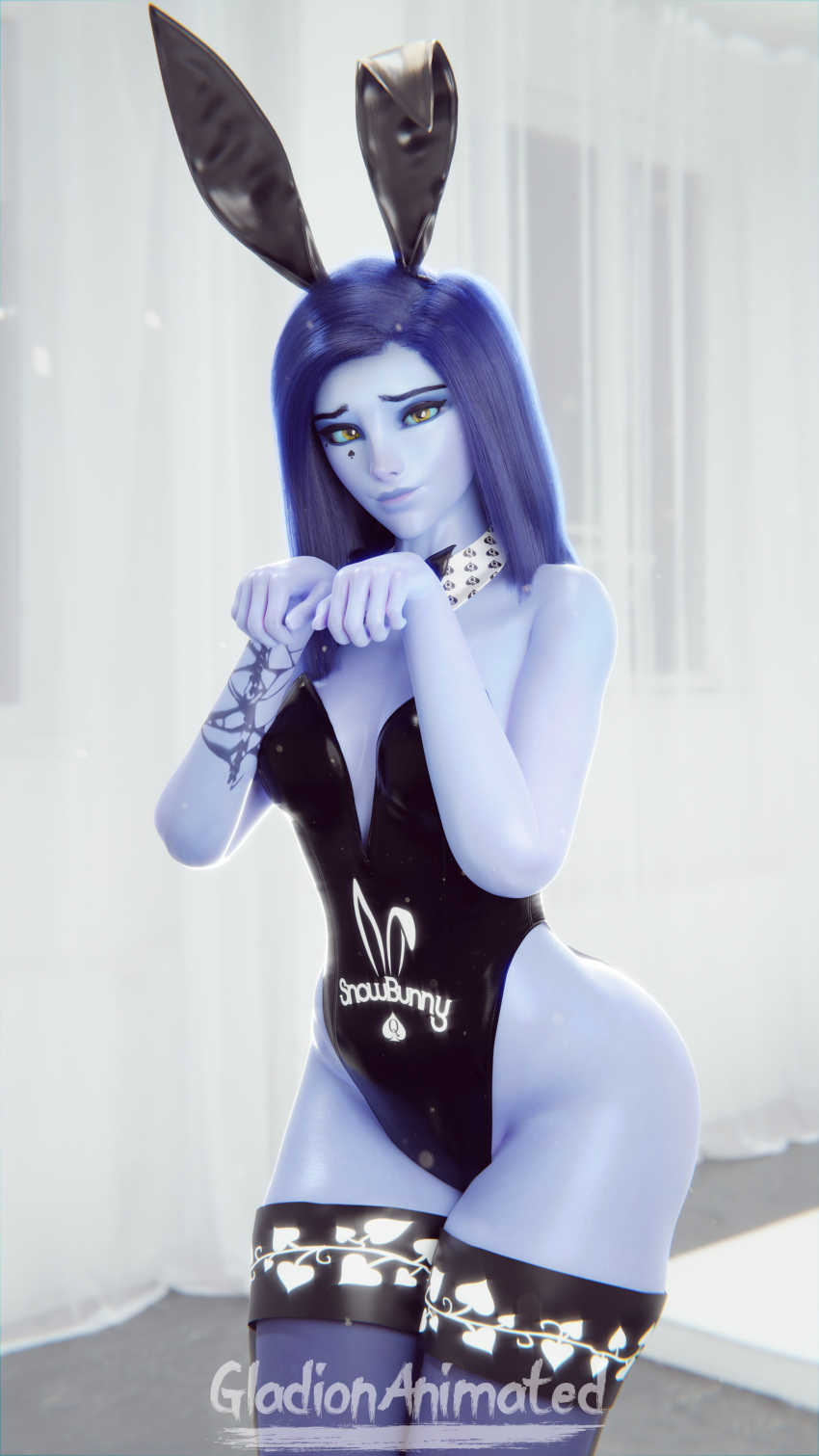 1girls 3d 3d_(artwork) amelie_lacroix ass blender blender_(software) blizzard_entertainment blue_hair blue_skin bowtie bunny_costume bunny_ears bunny_girl bunnysuit collar eye_contact eyebrows female female_focus female_only fit_female gladionanimated hand_gesture looking_at_viewer overwatch overwatch_2 posing qos queen_of_spades seductive smile smiling smiling_at_viewer smirk solo spade spade_tattoo standing stockings straight_hair tattoo tattoos thick_thighs thighhighs tight_clothes tight_clothing widowmaker yellow_eyes