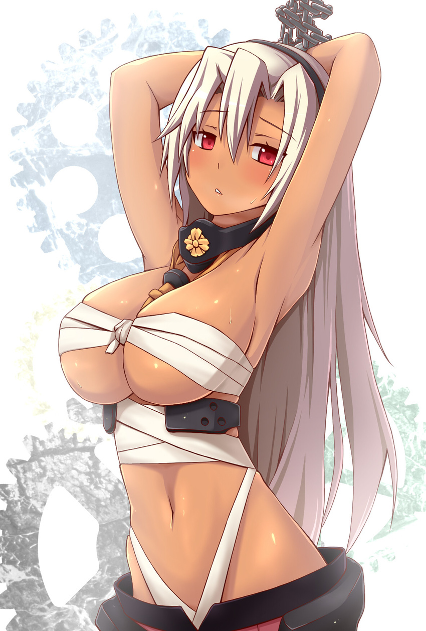 alternate_hair_length alternate_hairstyle armpits arms_up between_breasts blonde_hair bloodhound blush bondage bondage bound bound_wrists breasts budget_sarashi chained_wrists chains chest_sarashi dark-skinned_female dark_skin dress emblem female gears grey_hair hair_down hairband highres kantai_collection large_breasts long_hair looking_at_viewer musashi_(kancolle) navel no_eyewear parted_lips red_eyes sarashi solo sweatdrop tan underboob