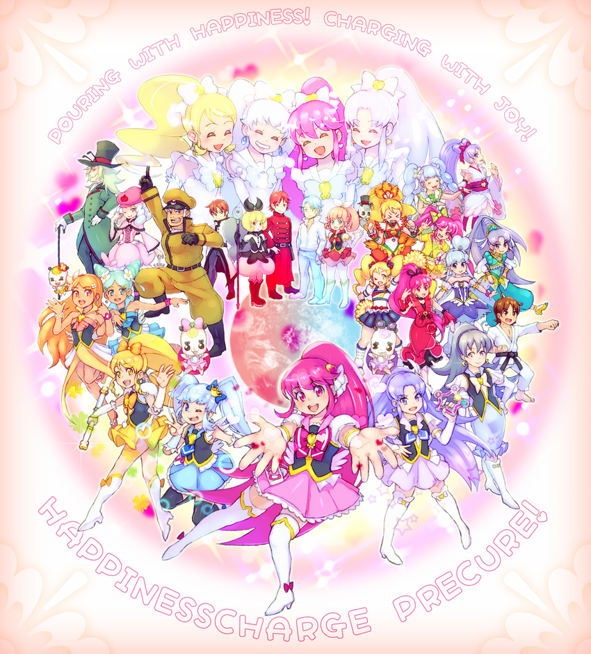 6+boys 6+girls :d aino_megumi aloalo_(happinesscharge_precure!) alternate_form antennae arabian_clothes beret black_gloves blonde_hair blue_(happinesscharge_precure!) blue_bow blue_eyes blue_hair blue_skirt blush boots bow bow-shaped_hair brooch brown_eyes brown_hair cheerleader choker commentary_request cone_hair_bun crown crown_bow cure_fortune cure_fortune_(anmitsu_komachi) cure_fortune_(innocent_form) cure_fortune_(pine_arabian) cure_honey cure_honey_(coconut_samba) cure_honey_(innocent_form) cure_honey_(popcorn_cheer) cure_lovely cure_lovely_(cherry_flamenco) cure_lovely_(innocent_form) cure_lovely_(lollipop_hip_hop) cure_mirage cure_princess cure_princess_(innocent_form) cure_princess_(macadamia_hula_dance) cure_princess_(sherbet_ballet) cure_sunset cure_tender cure_wave detached_sleeves double_bun dress earrings elbow_gloves english_text everyone eyelashes flower formal fortune_tambourine frills gloves gold_crown green_eyes green_hair gurasan_(happinesscharge_precure!) haidoro hair_bun hair_flower hair_ornament hair_ribbon hairbow happinesscharge_precure! hat heart heart_brooch heart_hair_bun heart_hair_ornament highres hikawa_iona hikawa_maria hosshiwa in-franchise_crossover international_precure japanese_clothes jewelry knee_boots long_hair looking_at_viewer magical_girl multiple_boys multiple_girls namakeruda ohana_(happinesscharge_precure!) oomori_yuuko open_mouth orange_hair oresky orina_(happinesscharge_precure!) outstretched_arms pants pantyhose phanphan_(happinesscharge_precure!) phantom_(happinesscharge_precure!) pink_bow pink_eyes pink_hair pink_hat pink_skirt pointed_crown ponytail precure purple_eyes purple_hair queen_mirage red_(happinesscharge_precure!) red_dress red_eyes red_flower red_hair red_rose red_wrist_cuffs ribbon ribbon_(happinesscharge_precure!) ringlets rose sagara_seiji samba shirayuki_hime short_hair single_hair_bun skirt smile star_(symbol) star_earrings striped suit thighhighs time_paradox top_hat twintails uniform very_long_hair white_gloves white_legwear wide_ponytail wing_brooch wing_earrings wrist_cuffs yellow_eyes yellow_skirt zettai_ryouiki