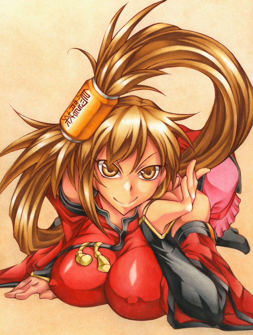 bare_shoulders breasts brown_eyes brown_hair colored_pencil_(medium) commentary_request covered_nipples detached_sleeves female guilty_gear highres kuradoberi_jam large_breasts long_hair solo traditional_media yoshitsuki