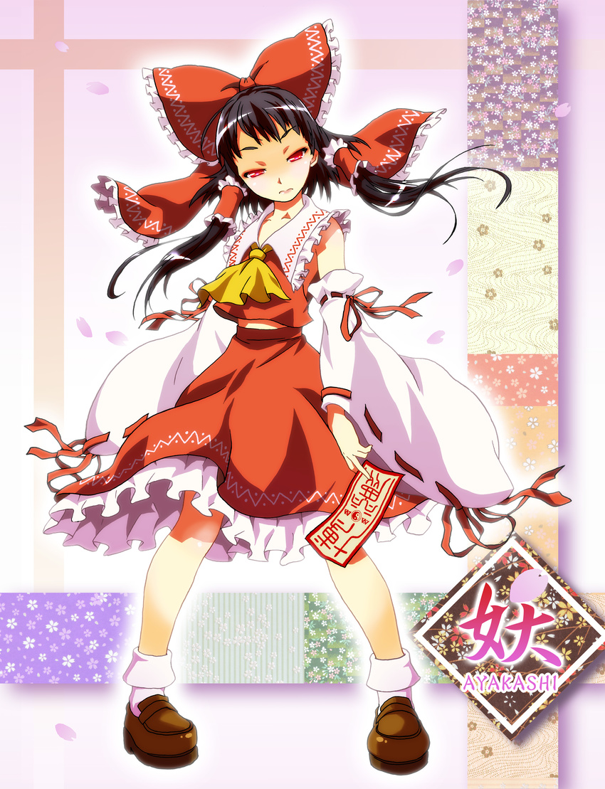 absurdres ascot bare_shoulders black_hair bow commentary_request female hair_tubes hairbow hakurei_reimu highres junkparts long_hair ofuda petals red_bow red_eyes solo touhou