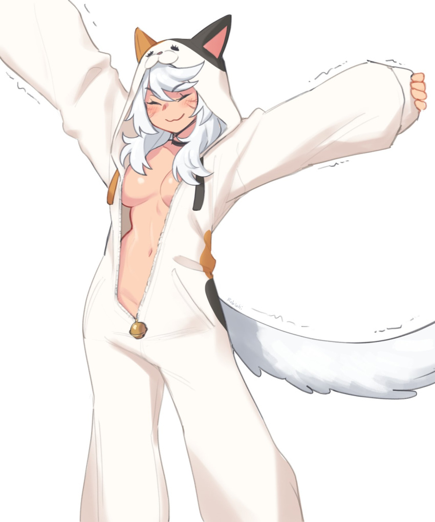 animal_costume animal_ears breasts fake_animal_ears feet_out_of_frame female fox_tail highres hood hood_up large_breasts long_hair long_sleeves onesie open_pajamas original outstretched_arms pajamas rob_ishi shiny_skin smile solo standing tail trembling