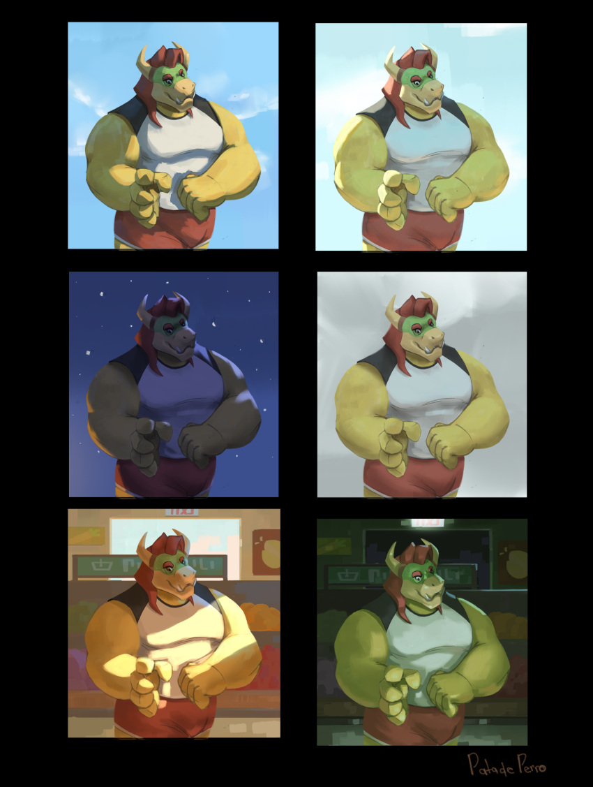 anthro athletic_wear belly biceps big_pecs bottomwear bowser bulge clothing cloud cloudy_sky eyebrows fangs grocery_store hair hi_res horn koopa male male/male mario_bros market muscular night nintendo patadeperro pecs scalie seductive shorts sky skyscape smile solo standing sunny teeth