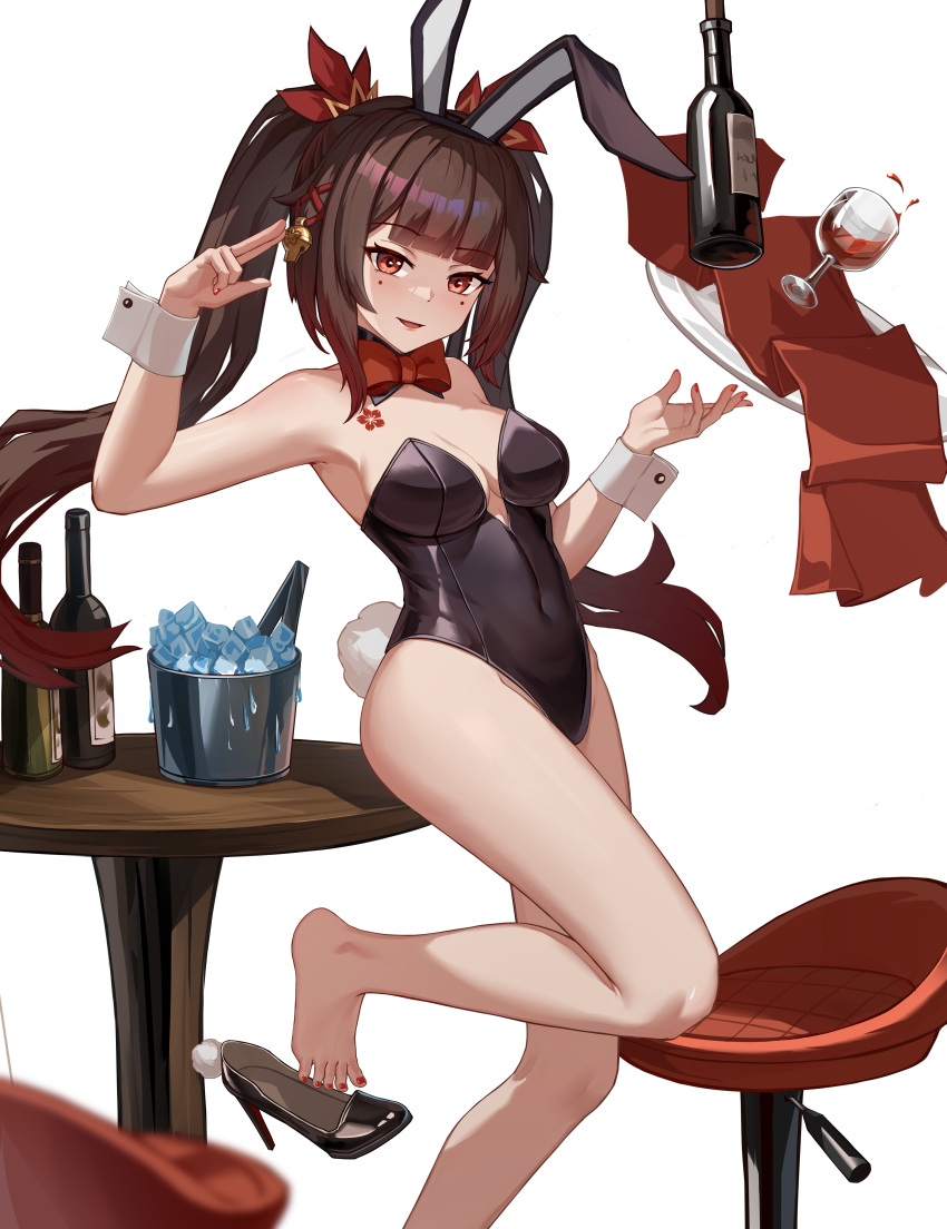 absurdres animal_ears armpits bar_stool barefoot blurry blurry_foreground bottle bow bowtie breasts brown_hair chest_tattoo cleavage covered_navel cup drinking_glass fake_animal_ears fake_tail falling feet female foot_out_of_frame high_heels highres honkai:_star_rail honkai_(series) ice_bucket legs long_hair medium_breasts medium_hair mole mole_under_each_eye mole_under_eye multiple_moles nail_polish open_mouth playboy_bunny rabbit_ears rabbit_tail red_bow red_bowtie red_eyes rongqing smile solo sparkle_(honkai:_star_rail) standing standing_on_one_leg stiletto_heels stool table tail tattoo toenail_polish toenails toes tray twintails unworn_footwear very_long_hair white_wrist_cuffs wine_bottle wine_glass wrist_cuffs