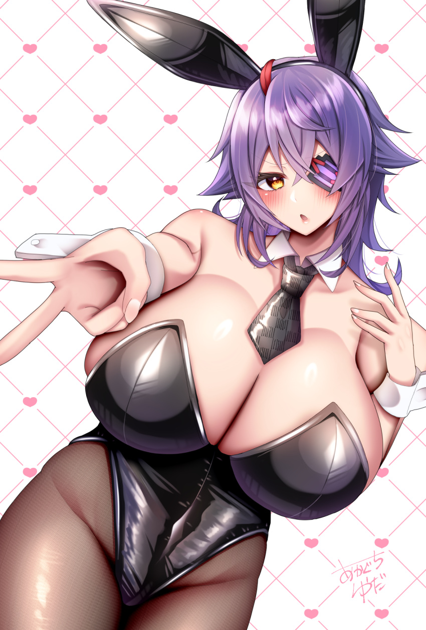 animal_ears black_leotard black_pantyhose breasts checkered_necktie cleavage covered_navel detached_collar eyepatch fake_animal_ears female highleg highleg_leotard highres huge_breasts kantai_collection leotard looking_at_viewer medium_hair necktie pantyhose playboy_bunny purple_hair rabbit_ears rabbit_tail shiny_skin solo standing strapless strapless_leotard tail tenryuu_(kancolle) tenryuu_kai_ni_(kancolle) wrist_cuffs yellow_eyes yuudadou