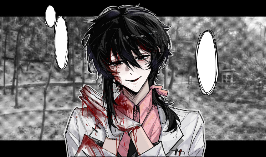 1boy absurdres black_hair black_necktie blood blood_on_arm blood_on_clothes blood_on_face chinese_commentary collared_shirt commentary_request glorybluerain gloves hair_between_eyes hair_ribbon highres jacket letterboxed looking_at_viewer male_focus medium_hair mo_chengwei mole mole_under_mouth necktie open_clothes open_jacket open_mouth outline outside_border own_hands_together palms_together pink_ribbon pink_shirt portrait red_pupils ribbon shirt single_sidelock smile solo touqi_guaitan variant_set white_gloves white_jacket white_outline