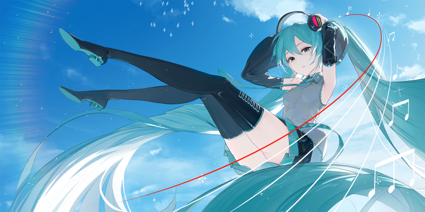 aqua_eyes aqua_hair aqua_necktie backlighting bird black_footwear black_skirt black_sleeves black_thighhighs blue_sky blue_trim boots collared_shirt detached_sleeves dispersion_(optics) female floating full_body grey_shirt hair_between_eyes hatsune_miku headphones highres holding holding_headphones long_hair long_sleeves looking_at_viewer musical_note necktie oneselt parted_lips pleated_skirt shirt skirt sky sleeveless sleeveless_shirt solo staff_(music) thighhighs twintails very_long_hair vocaloid white_bird zettai_ryouiki