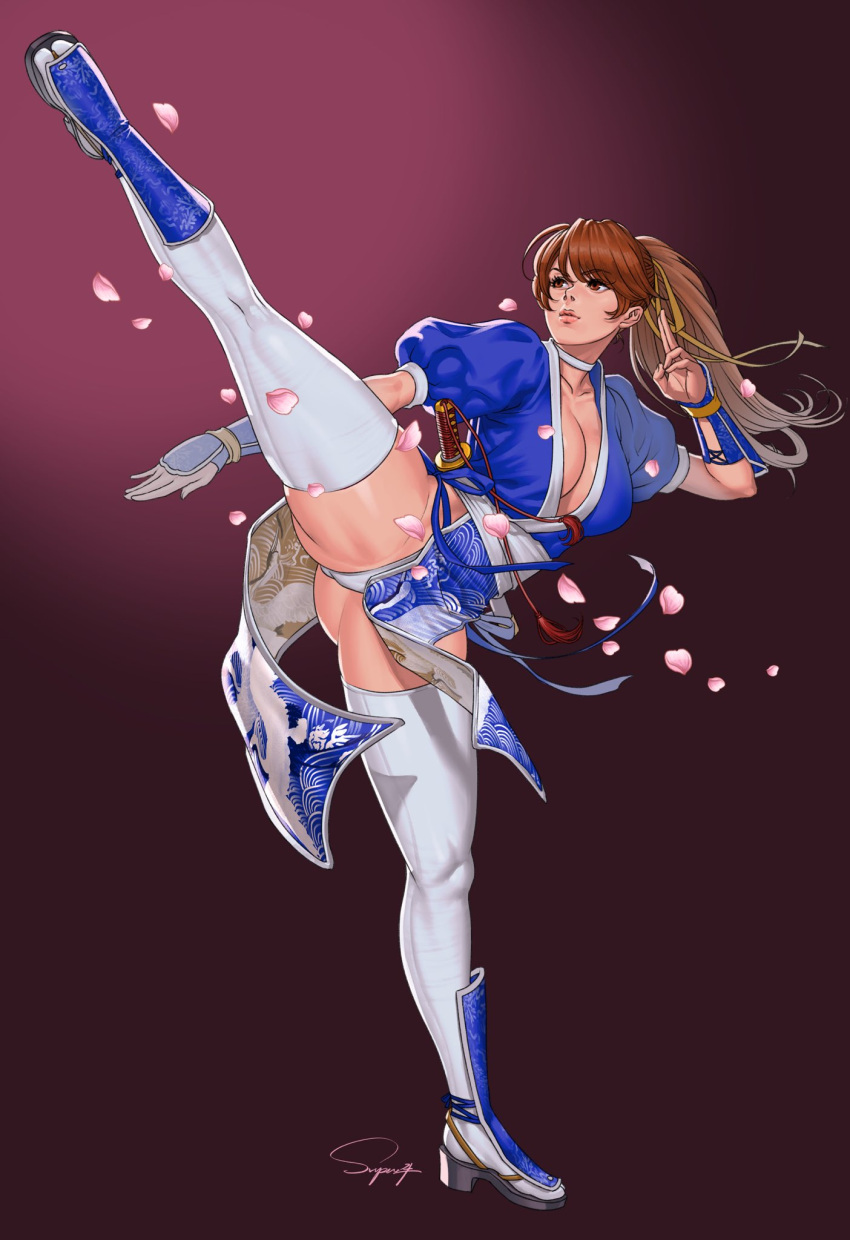 arm_guards artist_name bow bowtie breasts brown_eyes brown_hair choker cleavage closed_mouth collarbone commentary dead_or_alive female full_body gradient_background high_heels highleg highleg_panties highres japanese_clothes kasumi_(doa) kicking kodachi leg_up lips long_hair medium_breasts ninja panties pelvic_curtain ponytail puffy_short_sleeves puffy_sleeves ribbon short_sleeves short_sword signature simple_background solo superbull sword thighhighs thighs underwear weapon white_thighhighs yellow_ribbon