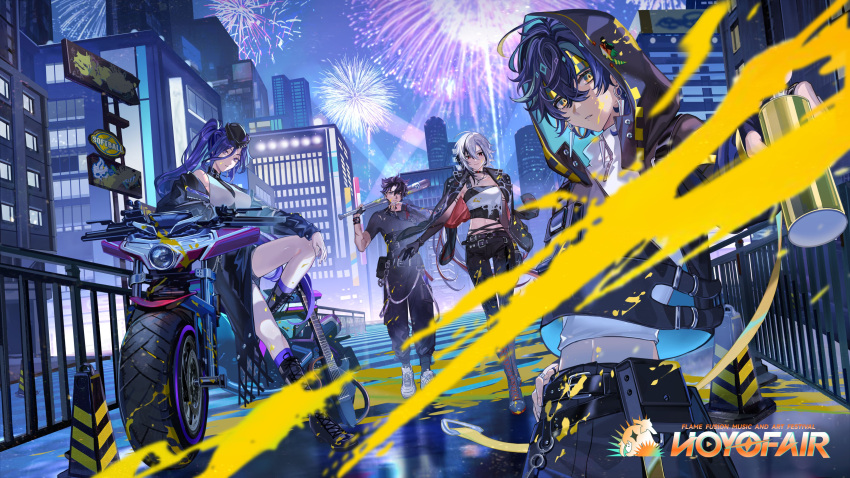 2boys 2girls absurdres arlecchino_(genshin_impact) baseball_bat black_hair black_jacket black_pants black_shirt city clorinde_(genshin_impact) crop_top fireworks genshin_impact highres holding holding_baseball_bat hood hooded_jacket jacket kinich_(genshin_impact) leggings midriff motor_vehicle motorcycle multiple_boys multiple_girls official_art pants purple_hair shirt white_hair white_shirt wriothesley_(genshin_impact)