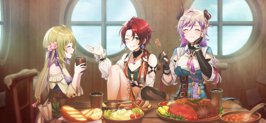 3girls absurdres ahoge atelier_(series) atelier_resleriana bare_shoulders bowl bread breasts broken_horn closed_eyes closed_mouth cup demon_horns eating flocke_cerha flower food game_cg green_hair hair_between_eyes hair_flower hair_ornament hands_up heidi_(atelier) highres holding holding_cup horns indoors knee_up long_hair long_sleeves looking_at_viewer mashed_potatoes meat medium_breasts multicolored_hair multiple_girls non-web_source official_art open_mouth pink_flower plate profile purple_hair red_hair sausage sitting smile soup table tomato two-tone_hair valeria_(atelier) water window