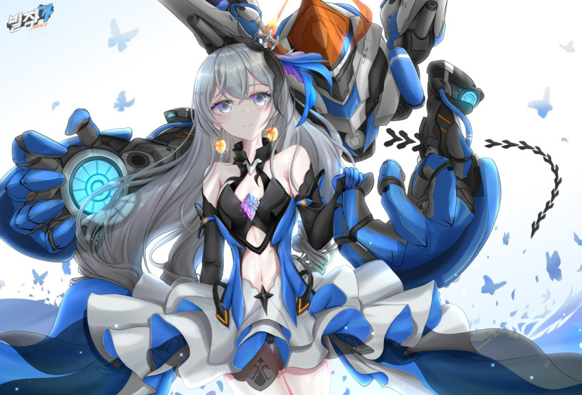 black_gloves blue_butterfly bronya_zaychik bronya_zaychik_(herrscher_of_reason) bug butterfly byeoljagga closed_mouth dress earrings elbow_gloves female gloves grey_eyes grey_hair honkai_(series) honkai_impact_3rd jewelry long_hair looking_at_viewer project_bunny smile solo very_long_hair wavy_hair white_dress