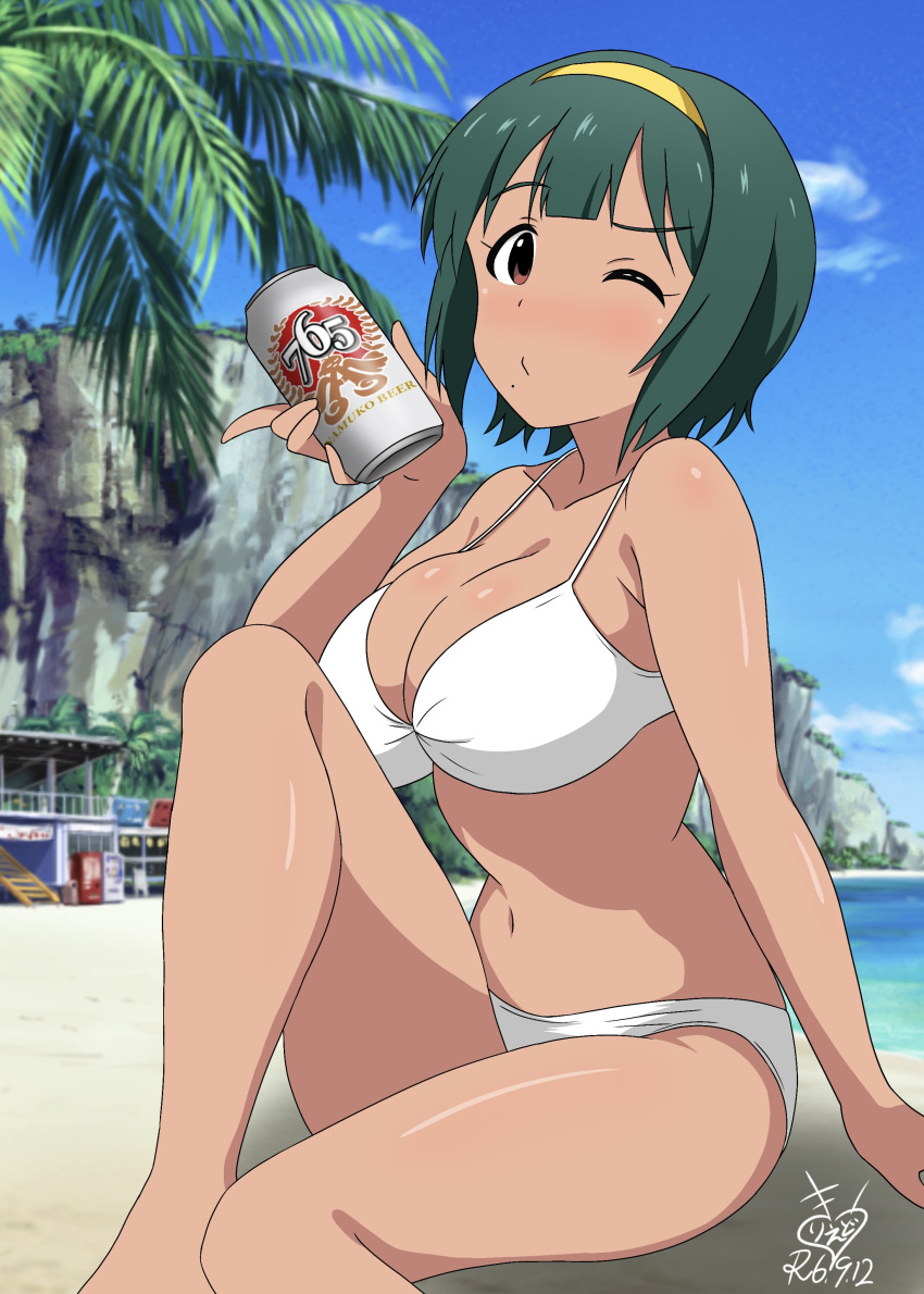 absurdres alcohol beach beer_can bikini blue_sky breasts brown_eyes can cliff cloud dated day drink_can female green_hair hairband highres idolmaster idolmaster_(classic) kirie_dou large_breasts looking_at_viewer mole mole_under_mouth one_eye_closed otonashi_kotori outdoors palm_tree short_hair signature sky solo swimsuit tan tree variant_set white_bikini yellow_hairband