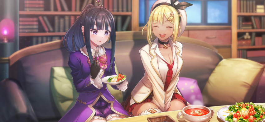 2girls :d :o absurdres atelier_(series) atelier_resleriana atelier_ryza atelier_ryza_1 atelier_totori beret black_choker black_gloves black_hair blazer blonde_hair blurry blurry_background book bookshelf bowl breasts broccoli choker cleavage closed_eyes collared_shirt couch eating food food_on_face gloves gyaru hair_ornament hairclip hat highres indoors jacket large_breasts long_hair long_sleeves loose_necktie mimi_houllier_von_schwarzlang mimi_houllier_von_schwarzlang_(lonely_glory) multiple_girls necktie non-web_source official_alternate_costume official_art on_couch open_mouth plate purple_eyes purple_jacket purple_skirt red_necktie red_skirt reisalin_stout reisalin_stout_(blooming_energy) salad school_uniform shirt short_hair sitting skirt smile soup steam tan tomato tomato_slice v_arms white_hat white_jacket white_shirt window x_hair_ornament