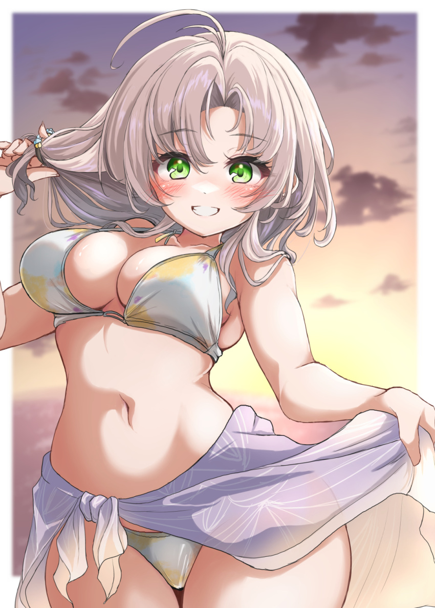 antenna_hair bikini breasts cloud commentary_request cowboy_shot dawn female gradient_sky green_eyes grey_hair grin highres holding holding_own_hair kantai_collection kasashi_(kasasi008) kinugasa_(kancolle) kinugasa_kai_ni_(kancolle) kinugasa_kai_ni_(swimsuit_mode)_(kancolle) large_breasts medium_breasts purple_sarong sarong sky smile solo swimsuit white_bikini