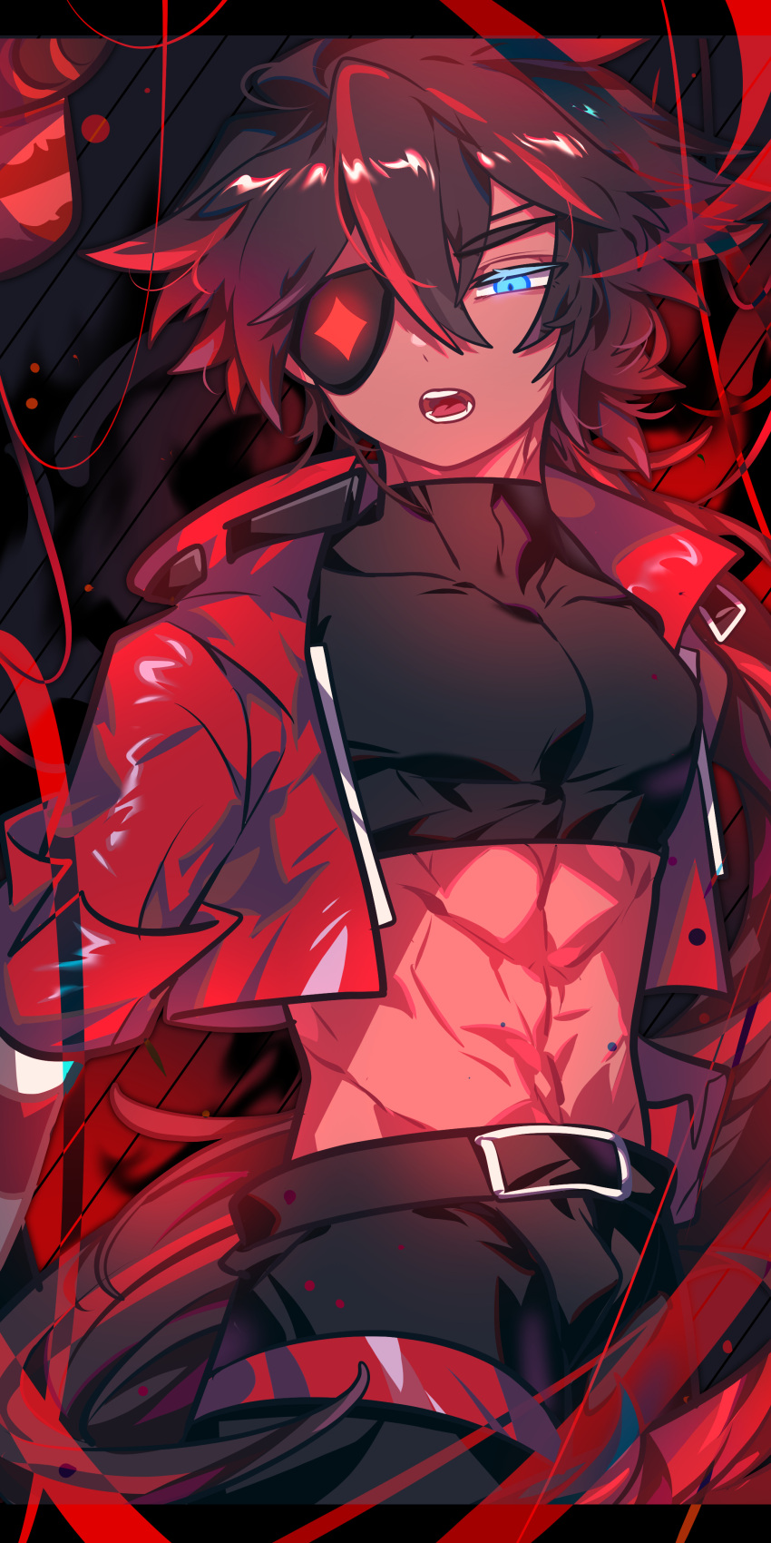 1boy abstract_background absurdres belt bishounen black_hair black_shirt blue_eyes brown_hair cookie_run cookie_run:_kingdom crop_top eyepatch highres humanization male_focus multicolored_hair omoyu_(nakyu715) open_clothes open_mouth red_hair red_velvet_cookie shirt solo streaked_hair teeth two-tone_hair