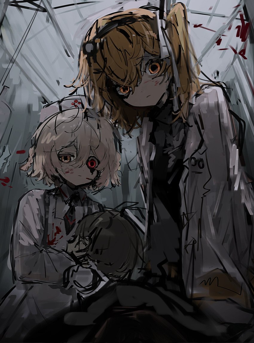 2girls a.i._voice adachi_rei black_necktie black_shirt blonde_hair blood blood_on_clothes blood_on_face braid closed_mouth cracked_skin dangogirl35 double-parted_bangs hair_between_eyes hair_ribbon hat headlamp heterochromia highres holding_detached_head jacket multiple_girls necktie nurse nurse_cap nurse_robot_type_t one_side_up open_clothes open_jacket orange_eyes orange_hair radio_antenna red_eyes ribbon shirt short_hair short_necktie side_braids turtleneck turtleneck_shirt utau white_hat white_jacket white_ribbon