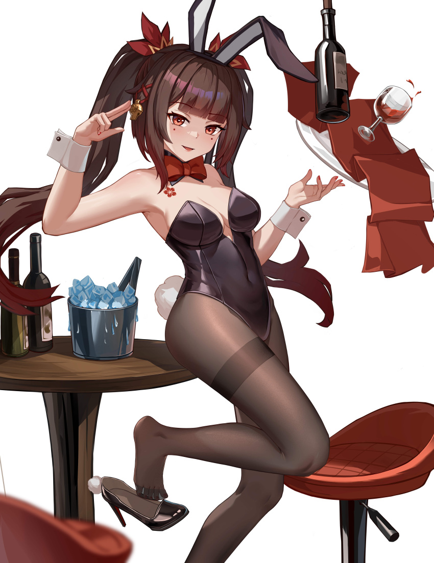 absurdres animal_ears armpits bar_stool blurry blurry_foreground bottle bow bowtie breasts brown_hair brown_pantyhose chest_tattoo cleavage covered_navel cup drinking_glass fake_animal_ears fake_tail falling feet female foot_out_of_frame high_heels highres honkai:_star_rail honkai_(series) ice_bucket legs long_hair medium_breasts medium_hair mole mole_under_each_eye mole_under_eye multiple_moles nail_polish no_shoes open_mouth pantyhose playboy_bunny rabbit_ears rabbit_tail red_bow red_bowtie red_eyes rongqing smile solo sparkle_(honkai:_star_rail) standing standing_on_one_leg stiletto_heels stool table tail tattoo toes tray twintails unworn_footwear very_long_hair white_wrist_cuffs wine_bottle wine_glass wrist_cuffs